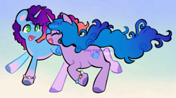 Size: 1589x892 | Tagged: safe, artist:nyctophilist, derpibooru exclusive, izzy moonbow, misty brightdawn, unicorn, g5, afro mane, blue coat, blue mane, bracelet, curls, duo, duo female, female, fluffy mane, gradient background, gradient mane, green eyes, happy, horn, jewelry, purple coat, purple mane, rebirth misty, running, smiling, wavy mane