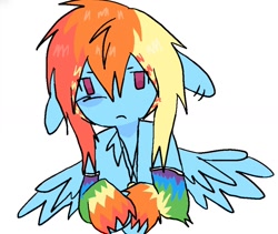 Size: 1188x1005 | Tagged: safe, artist:poniesinmyhead, rainbow dash, pegasus, pony, g4, alternate hairstyle, arm warmers, clothes, floppy ears, looking at you, scene kid, simple background, solo, white background