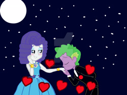Size: 1920x1440 | Tagged: safe, artist:georgegarza01, artist:iamscar2017, rarity, spike, human, equestria girls, g4, alternate hairstyle, blushing, clothes, cute, daaaaaaaaaaaw, dialogue in the description, dress, duo, eyes closed, eyeshadow, female, gown, grin, hand kiss, hand on cheek, heart, humanized, lidded eyes, makeup, male, moon, ship:sparity, shipping, slow dancing, smiling, starry night, straight, suit, wholesome