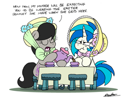 Size: 2192x1720 | Tagged: safe, artist:bobthedalek, dj pon-3, octavia melody, vinyl scratch, earth pony, pony, unicorn, g4, bonnet, cup, easter, hat, holiday, horn, simple background, table, teacup, teapot, unamused, vinyl scratch is not amused, white background