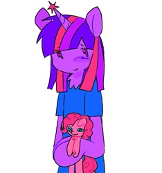 Size: 1025x1095 | Tagged: safe, artist:poniesinmyhead, pinkie pie, twilight sparkle, pony, unicorn, semi-anthro, g4, holding, implied shipping, pinkie pie plushie, plushie, simple background, unicorn twilight, white background