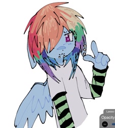 Size: 922x1021 | Tagged: safe, artist:poniesinmyhead, rainbow dash, pegasus, anthro, g4, ear piercing, female, floppy ears, lip piercing, piercing, scene kid, simple background, smiling, snake bites, solo, white background