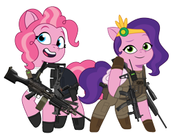 Size: 2948x2289 | Tagged: safe, artist:edy_january, artist:prixy05, edit, vector edit, pinkie pie, pipp petals, earth pony, pegasus, pony, g4, g5, my little pony: tell your tale, armor, body armor, boots, call of duty, call of duty: warzone, clothes, combat knife, delta forces, denim, duo, duo female, equipment, female, flak jacket, g4 to g5, gears, generation leap, gloves, gun, heavy, jeans, knife, light machine gun, m249, machine gun, machine gunner, military, military pants, military pony, military uniform, mpx, pants, pipp and her 2nd heroine, radio, rifle, shirt, shoes, short pants, simple background, sniper, sniper rifle, soldier, soldier pony, steyr scout, submachinegun, tactical, tactical squad, tactical vest, tank top, task forces 141, transparent background, ump45, uniform, united kingdom, united states, vector, weapon