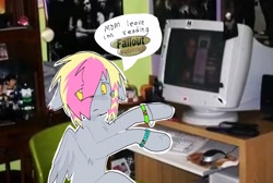 Size: 2048x1376 | Tagged: safe, artist:poniesinmyhead, derpy hooves, pegasus, pony, g4, computer, crt, eye clipping through hair, fallout, female, floppy ears, mare, playing, real life background, scene kid, solo, text