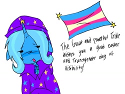 Size: 1174x881 | Tagged: safe, artist:poniesinmyhead, trixie, pony, unicorn, g4, horn, pride, pride flag, simple background, solo, trans day of visibility, trans trixie, transgender, transgender pride flag, white background