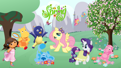 Size: 1600x900 | Tagged: safe, artist:cloudy glow, artist:lizzmcclin, fluttershy, rarity, bee, bird, butterfly, dog, hippopotamus, human, insect, pegasus, penguin, pony, unicorn, anthro, g4, anthro with ponies, blue (blue's clues), blue's clues, crossover, dora márquez, dora the explorer, female, flower, flower in hair, horn, pablo, spring, tasha, the backyardigans, tree, uniqua
