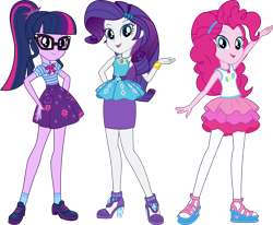 Size: 9697x7977 | Tagged: safe, pinkie pie, rarity, sci-twi, twilight sparkle, equestria girls, g4, my little pony equestria girls: better together, school of rock, belt, blue eyes, blue eyeshadow, blue hair, bow, bracelet, closed mouth, clothes, dress, eyeshadow, female, frilly design, geode of shielding, geode of sugar bombs, geode of telekinesis, glasses, grin, hairband, hand on hip, high heels, jewelry, light skin, magical geodes, makeup, necklace, open mouth, open smile, pencil skirt, pendant, pink and purple streaks, pink hair, pink skin, pocket, polo shirt, ponytail, pose, puffy hair, purple eyes, purple hair, purple skin, rah rah skirt, rarity peplum dress, sandals, sci-twi skirt, shirt, shoes, simple background, skirt, sleeveless, sleeveless dress, sleeveless shirt, smiling, tank top, tights, transparent background, trio, trio female, vector
