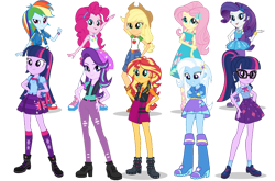 Size: 826x544 | Tagged: safe, artist:cutler1228, editor:cutler1228, applejack, fluttershy, pinkie pie, rainbow dash, rarity, sci-twi, starlight glimmer, sunset shimmer, trixie, twilight sparkle, human, driving miss shimmer, equestria girls, g4, mad twience, my little pony equestria girls: better together, my little pony equestria girls: friendship games, my little pony equestria girls: summertime shorts, boots, clothes, female, humane ten, shoes, simple background, transparent background