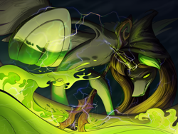 Size: 2000x1500 | Tagged: safe, artist:jehr, oc, oc only, pony, unicorn, big hooves, cauldron, colored, concave belly, electricity, evil, evil grin, fangs, female, frog (hoof), glowing, glowing eyes, glowing horn, green eyes, grin, hat, hoofbutt, hooves, horn, ladle, lanky, lighting, lightning, long legs, long pony, looking at you, magic, mare, potion, potion making, sharp teeth, skinny, smiling, smiling at you, solo, spikes, splash, spoon, spread wings, stick, stirring, tall, teeth, telekinesis, thin, underhoof, wave, wings, witch, witch hat