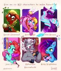 Size: 2705x3156 | Tagged: safe, artist:soniana_draws, alphabittle blossomforth, jazz hooves, misty brightdawn, opaline arcana, rarity (g3), sprout cloverleaf, earth pony, pegasus, unicorn, g3, g5, my little pony: a new generation, my little pony: make your mark, the runaway rainbow, emperor sprout, food, horn, rebirth misty, six fanarts, tea, wand