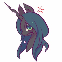 Size: 968x968 | Tagged: safe, artist:shrimpnurse, queen chrysalis, changeling, changeling queen, pony, g4, black coat, bust, cross-popping veins, doodle, emanata, eyelashes, female, frown, green eyes, lidded eyes, long mane, mare, profile, simple background, solo, teal mane, white background, wingding eyes