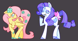Size: 1738x935 | Tagged: safe, artist:shrimpnurse, part of a set, fluttershy, rarity, pegasus, pony, unicorn, g4, alternate color palette, alternate design, alternate hair color, alternate tailstyle, beauty mark, blush scribble, blushing, bow, coat markings, colored hooves, colored pinnae, countershading, curly mane, curly tail, duo, duo female, ear piercing, earring, eyelashes, eyeshadow, facial markings, female, floppy ears, flower, flower in tail, flower on ear, gray background, horn, jewelry, lidded eyes, long eyelashes, long legs, looking back, makeup, mare, open mouth, open smile, partially open wings, piercing, pink mane, pink tail, profile, purple mane, purple tail, raised hoof, redesign, ringlets, shiny hooves, simple background, smiling, standing, star (coat marking), straight mane, straight tail, striped horn, tail, tail bow, teal eyes, two toned mane, two toned tail, unicorn horn, white coat, wingding eyes, wings, yellow coat