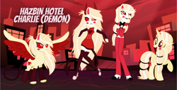 Size: 2048x1043 | Tagged: safe, artist:machakar52, alicorn, demon, demon pony, pony, equestria girls, g4, spoiler:hazbin hotel, charlie morningstar, clothes, devil horns, devil tail, dress, equestria girls-ified, evening gloves, female, fingerless elbow gloves, fingerless gloves, gloves, hazbin hotel, hell, hellaverse, hellborn, horns, long gloves, mare, multeity, pants, ponified, pride ring, princess, princess of hell, socks, spoilers for another series, style emulation, suit, tail, the show must go on (hazbin hotel), thigh highs, tuxedo