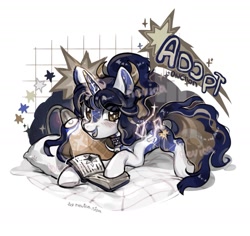 Size: 1280x1208 | Tagged: safe, artist:nev1ca, oc, oc only, unicorn, adoptable, bed, book, coat markings, colored, constellation, horn, horn markings, lying down, obtrusive watermark, on bed, pillow, prone, reverse countershading, signature, solo, stars, unicorn oc, watermark