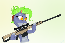 Size: 3000x2000 | Tagged: safe, artist:anix_space, baihe (tfh), dragon, hybrid, longma, them's fightin' herds, barrett, community related, gradient background, gun, m107, rifle, sniper rifle, solo, weapon