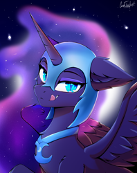Size: 1078x1362 | Tagged: safe, artist:cmdrtempest, nightmare moon, alicorn, pony, g4, armor, blue eyes, blue mane, bust, cute, digital art, ethereal mane, eyelashes, eyeshadow, fangs, feather, female, flowing mane, helmet, kitchen eyes, lidded eyes, looking at you, makeup, mare, moon, moonlight, nicemare moon, night, peytral, portrait, signature, smiling, smiling at you, solo, spread wings, starry mane, stars, teeth, tongue out, wings