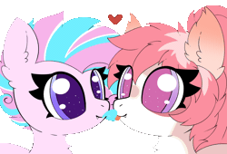 Size: 1940x1319 | Tagged: safe, artist:pegamutt, oc, oc only, oc:lollipop bliss, oc:sweetie swirl, animated, blue tongue, chest fluff, commission, duo, ear fluff, eyelashes, female, femboy, gif, heart, licking, male, mare, multicolored hair, simple background, tongue out, transparent background, ych result