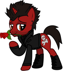Size: 1131x1186 | Tagged: safe, artist:lightningbolt, derpibooru exclusive, pony, unicorn, .svg available, all time low, clothes, ear piercing, earring, eyeliner, facial hair, flower, flower in mouth, horn, jack barakat, jewelry, lidded eyes, looking at you, makeup, male, mouth hold, necktie, piercing, ponified, raised hoof, rose, rose in mouth, shirt, shoes, show accurate, simple background, solo, stallion, suit jacket, svg, tattoo, transparent background, undershirt, vector