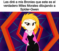 Size: 1080x935 | Tagged: safe, artist:robertsonskywa1, flare (g5), human, equestria girls, g4, g5, equestria girls-ified, g5 to equestria girls, g5 to g4, generation leap, marvel, meme, photo, spanish, spanish text, spider-gwen, spider-man, spider-man: across the spider-verse
