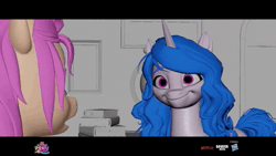 Size: 1280x720 | Tagged: artist needed, safe, izzy moonbow, sunny starscout, earth pony, pony, unicorn, g5, my little pony: a new generation, official, spoiler:my little pony: a new generation, 3d, animated, animatic, butt, concept design, duo, female, horn, mare, plot, shipping fuel, sound, stare, storyboard, sunny's house, video, webm