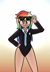 Size: 1072x1541 | Tagged: safe, artist:nxzc88, rainbow dash, human, :3, business suit, clothes, cutie mark on clothes, female, gradient background, hand on hip, humanized, leotard, looking at you, necktie, rainbow dash always dresses in style, solo, sunglasses, sunglasses on head, twinkle