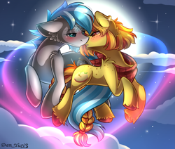 Size: 2451x2080 | Tagged: safe, alternate character, alternate version, artist:yuris, oc, earth pony, pony, blushing, ears back, ears up, female, flying, full moon, imminent kissing, male, moon, night, shipping, sky, straight