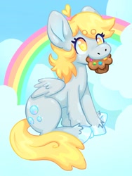 Size: 1536x2048 | Tagged: safe, artist:ibbledribble, derpy hooves, pegasus, pony, g4, ahoge, beanbrows, big ears, cloud, colored eyebrows, colored hooves, colored pinnae, derp, eyebrows, eyebrows visible through hair, female, folded wings, food, gray coat, leg fluff, mare, mouth hold, muffin, on a cloud, rainbow, shiny hooves, simple, sitting, sitting on a cloud, sky background, smiling, tail, unshorn fetlocks, wingding eyes, wings, yellow eyes, yellow mane, yellow tail