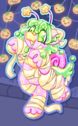 Size: 766x1227 | Tagged: safe, artist:ibbledribble, oc, oc only, oc:slime berry, original species, pony, snail, snail pony, antennae, beanbrows, bipedal, blush sticker, blushing, clothes, colored ear fluff, colored eartips, colored hooves, colored mouth, colored muzzle, costume, eye clipping through hair, eyebrows, eyebrows visible through hair, female, green eyes, green mane, green tail, halloween, halloween costume, holiday, lights, mare, mummy costume, open mouth, open smile, outline, pink coat, smiling, solo, spots, standing, standing on one leg, starry eyes, string lights, tail, unshorn fetlocks, wingding eyes