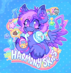 Size: 1990x2048 | Tagged: safe, artist:ibbledribble, oc, oc only, oc:harmony skies, pegasus, badge, blue coat, coat markings, colored ear fluff, colored eartips, colored eyebrows, colored hooves, colored wings, colored wingtips, commission, ear piercing, earring, eye clipping through hair, eyebrows, eyebrows visible through hair, eyelashes, freckles, headphones, hoof hold, jewelry, music notes, nyan cat, patterned background, pegasus oc, piercing, purple eyes, rainbow, raised hoof, smiling, solo, sparkly eyes, speec bubble, spread wings, stars, stripes, tamagotchi, tongue out, two toned mane, two toned wings, unshorn fetlocks, wingding eyes, wings