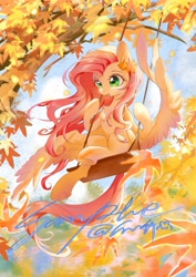 Size: 2480x3508 | Tagged: safe, artist:co306012, fluttershy, pegasus, pony, g4, chest fluff, cute, female, high res, leaves, mare, open mouth, open smile, outdoors, shyabetes, sitting, smiling, solo, spread wings, swing, swinging, tree, wings