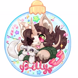 Size: 2048x2048 | Tagged: safe, artist:ibbledribble, oc, oc only, oc:billy (riddlewiki), cat, pony, unicorn, badge, beanbrows, blaze (coat marking), brown coat, brown mane, brown tail, candy, candy cane, christmas, christmas lights, christmas ornament, clothes, coat markings, colored eyebrows, colored fetlocks, colored hooves, colored pinnae, colored pupils, colored sclera, commission, curved horn, decoration, duo, ear tufts, eye clipping through hair, eyebrows, facial markings, food, green eyes, holiday, horn, leonine tail, lidded eyes, narrowed eyes, one eye closed, ornament, phone, pink text, red pupils, simple background, sparkles, stars, sweater, tail, text, tongue out, unshorn fetlocks, white background, wingding eyes, yellow sclera