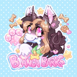 Size: 2048x2048 | Tagged: safe, artist:ibbledribble, oc, oc only, oc:bianca barks, pony, unicorn, badge, beanbrows, bone, brown coat, brown hair, brown mane, chest fluff, coat markings, collar, colored eyebrows, colored hooves, colored sclera, commission, crackers, curved horn, dog collar, eyebrows, eyelashes, facial markings, female, food, heart, horn, leonine tail, long mane, mare, mealy mouth (coat marking), mouth hold, outline, patterned background, paw prints, pink eyes, pink text, shiny hooves, socks (coat markings), solo, sparkles, sparkly eyes, tail, two toned mane, two toned tail, unicorn oc, unshorn fetlocks, wingding eyes, yellow sclera