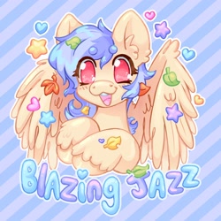 Size: 2048x2048 | Tagged: safe, artist:ibbledribble, oc, oc:blazing jazz, pegasus, pony, badge, beanbrows, blue mane, blue text, blushing, colored eyebrows, commission, ear fluff, eye clipping through hair, eyebrows, eyebrows visible through hair, eyelashes, heart, heart nostrils, hooves together, leaves, leaves in hair, looking at you, male, open mouth, open smile, outline, partially open wings, patterned background, pegasus oc, pink eyes, purple text, smiling, solo, sparkly eyes, stallion, stars, teeth, text, two toned mane, unshorn fetlocks, wing fluff, wingding eyes, wings, yellow coat