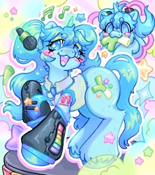 Size: 1820x2048 | Tagged: safe, artist:ibbledribble, pony, unicorn, abstract background, anime, arm warmers, beanbrows, blue coat, blue eyes, blue mane, blue tail, blush sticker, blushing, clothes, colored hooves, duality, eye clipping through hair, eyebrows, eyebrows visible through hair, eyeshadow, female, glowing, glowing horn, hatsune miku, heart nostrils, horn, leek, lidded eyes, lipstick, magic, makeup, mare, microphone, music notes, necktie, open mouth, open smile, outline, pigtails, ponified, raised hoof, shirt, singing, smiling, solo, sparkles, sparkly eyes, stage, stars, tail, tattoo, telekinesis, twintails, unshorn fetlocks, vocaloid, wingding eyes