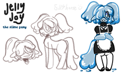 Size: 683x404 | Tagged: safe, artist:sillyhorse, oc, oc only, oc:jelly joy, goo, goo pony, monster girl, original species, pony, slime girl, semi-anthro, :3, :o, apron, blue eyes, clothes, collar, eyelashes, female, floppy ears, hair over one eye, maid, maid headdress, mare, open mouth, pigtails, shoes, simple background, sketch, slime, solo, sparkly eyes, tongue out, twintails, white background, wingding eyes