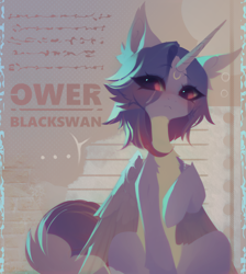 Size: 1736x1936 | Tagged: safe, artist:blcksswn, oc, oc only, unnamed oc, alicorn, pony, g4, ..., abstract background, alicorn oc, big ears, chest fluff, colored belly, countershading, ear fluff, ear tufts, eye clipping through hair, eyebrows, eyebrows visible through hair, eyelashes, facial markings, female, folded wings, frown, fusion, fusion:princess luna, fusion:sunset shimmer, gradient mane, horn, long horn, looking away, mare, pink eyes, purple coat, purple mane, purple tail, raised hoof, signature, sitting, solo, tail, wingding eyes, wings