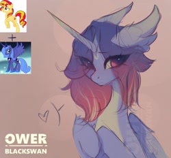 Size: 1280x1188 | Tagged: safe, artist:blcksswn, oc, oc only, unnamed oc, alicorn, alicorn oc, big ears, big eyes, blue coat, blushing, colored belly, ear fluff, eye clipping through hair, eyebrows, eyebrows visible through hair, eyelashes, facial markings, folded wings, fusion, fusion:princess luna, fusion:sunset shimmer, gradient mane, heart, hooves to the chest, hooves together, horn, long horn, pink eyes, purple mane, signature, simple background, sketch, smiling, watermark, wings