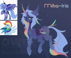 Size: 1280x1051 | Tagged: safe, artist:blcksswn, oc, oc only, oc:mika-iris, pony, unicorn, g4, abstract background, blue coat, blue mane, blue tail, blushing, butt fluff, coat markings, colored ear fluff, concave belly, curved horn, ear fluff, ear piercing, earring, eye clipping through hair, eyebrows, eyebrows visible through hair, female, fetlock tuft, folded wings, fusion, fusion:princess luna, fusion:rainbow dash, gradient horn, gradient legs, green eyes, horn, jewelry, leg fluff, long hair, long tail, looking away, mare, multicolored mane, multicolored tail, piercing, slender, smiling, solo, sparkles, tail, thin, unicorn oc, watermark, wingding eyes, wings