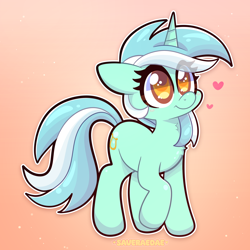 Size: 2000x2000 | Tagged: safe, artist:saveraedae, lyra heartstrings, pony, unicorn, g4, blushing, cute, eye clipping through hair, female, gradient background, heart, high res, horn, looking up, lyrabetes, mare, raised hoof, smiling, solo