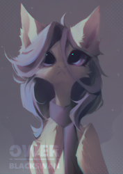 Size: 1412x1997 | Tagged: safe, artist:blcksswn, oc, oc only, oc:shilie, pegasus, :<, abstract background, ambiguous gender, big ears, big eyes, cheek fluff, chest fluff, clothes, commission, ear fluff, folded wings, frown, gray coat, lineless, long mane, looking up, pegasus oc, purple eyes, purple mane, scarf, slender, solo, sparkles, thin, watermark, wingding eyes, wings