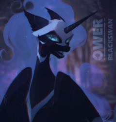 Size: 1657x1735 | Tagged: safe, artist:blcksswn, nightmare moon, alicorn, pony, g4, antagonist, armor, black coat, blue eyes, blue mane, blurry background, cheek fluff, chin fluff, colored eyelashes, digital art, ear fluff, ethereal mane, fangs, feather, female, flowing mane, folded wings, helmet, horn, jewelry, large wings, lidded eyes, lineless, long horn, looking at you, majestic, mare, multicolored mane, narrowed eyes, night, open mouth, partially open wings, peytral, regalia, sharp teeth, shiny eyes, signature, slender, smiling, smiling at you, solo, sparkles, starry mane, striped horn, teeth, thin, unicorn horn, villainess, watermark, wingding eyes, wings