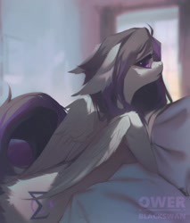 Size: 1700x2000 | Tagged: safe, artist:blcksswn, oc, oc only, oc:shilie, pegasus, semi-anthro, ahoge, ambiguous gender, big ears, blurry background, butt fluff, commission, ear fluff, ears back, floppy ears, frown, gray coat, gray mane, gray tail, hug, human shoulders, leg fluff, lidded eyes, lineless, looking back, pegasus oc, pillow, pillow hug, pink eyes, shoulder fluff, slender, small wings, solo, straight mane, straight tail, tail, thin, two toned mane, two toned tail, watermark, wing fluff, wingding eyes, wings, ych result