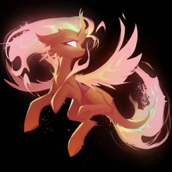 Size: 1280x1280 | Tagged: safe, artist:blcksswn, fluttershy, alicorn, pony, collaboration:bestiary of fluttershy, g4, alicornified, black background, cheek fluff, collaboration, curved horn, ear fluff, female, fetlock tuft, fiery wings, fire, fluttercorn, frog (hoof), frown, glowing, glowing eyes, hoof fluff, horn, leg fluff, leonine tail, lineless, mane of fire, mare, narrowed eyes, pink mane, pink tail, race swap, simple background, solo, tail, tail fluff, tail of fire, underhoof, white eyes, wings