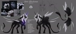 Size: 2048x916 | Tagged: safe, artist:blcksswn, oc, oc:ower blackswan, alicorn, pony, ahoge, alicorn oc, bandage, bandaged tail, big ears, big eyes, black coat, black tail, chest fluff, colored wings, colored wingtips, concave belly, curved horn, ear fluff, eye clipping through hair, eyebrows, eyebrows visible through hair, eyeshadow, female, fetlock tuft, floppy ears, frown, glowing, glowing horn, gray background, hoof fluff, horn, large wings, leg fluff, leonine tail, lidded eyes, long mane, magic, makeup, mare, moodboard, profile, raised hoof, reference sheet, ribcage, ribs, shiny eyes, simple background, sketch, slender, smiling, solo, standing, tail, tail fluff, tall, text, thin, two toned wings, unicorn horn, wavy mane, white eyes, white mane, white text, wingding eyes, wings