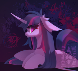 Size: 1600x1452 | Tagged: safe, artist:blcksswn, twilight sparkle, alicorn, pony, g4, blushing, cheek fluff, curved horn, ear fluff, eye clipping through hair, eyebrows, eyebrows visible through hair, female, fetlock tuft, floppy ears, folded wings, frustrated, gradient background, hoof fluff, horn, lidded eyes, lineless, long horn, long mane, looking back, lying down, mare, multicolored mane, multicolored tail, narrowed eyes, pouting, prone, purple coat, purple eyes, purple mane, purple tail, shiny eyes, sitting, solo, speech bubble, straight mane, straight tail, tail, twilight sparkle (alicorn), unicorn horn, watermark, wingding eyes, wings