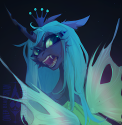 Size: 2096x2151 | Tagged: safe, artist:blcksswn, queen chrysalis, changeling, changeling queen, pony, g4, angry, big eyes, black background, black coat, carapace, cheek fluff, crown, curved horn, ear fluff, eye clipping through hair, eyelashes, fangs, female, floppy ears, frown, green eyes, horn, insect wings, jewelry, lineless, long horn, long mane, mare, open mouth, rear view, regalia, sharp teeth, shiny eyes, simple background, solo, spread wings, straight mane, teal mane, teeth, tiara, watermark, wingding eyes, wings