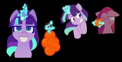 Size: 1337x684 | Tagged: safe, artist:partyponypower, pinkie pie, starlight glimmer, earth pony, pony, unicorn, g4, alternate universe, black background, duo, evil starlight, food, horn, magic, orange, pinkamena diane pie, s5 starlight, simple background, telekinesis