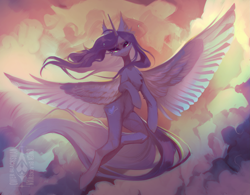 Size: 2943x2291 | Tagged: safe, artist:blcksswn, princess cadance, alicorn, pony, g4, alternate hair color, alternate hairstyle, backlighting, butt fluff, chest fluff, cloud, colored wings, colored wingtips, crying, ear fluff, female, flying, frown, horn, in air, leg fluff, long legs, mare, narrowed eyes, sad, shiny eyes, slender, solo, spread wings, tail, thin, two toned mane, two toned tail, two toned wings, watermark, windswept mane, windswept tail, wing fluff, wingding eyes, wings