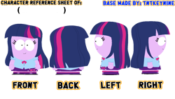 Size: 1280x720 | Tagged: safe, artist:tntkeynine, twilight sparkle, human, equestria girls, g4, base used, female, font, reference sheet, simple background, solo, south park, style emulation, text, transparent background, turnaround