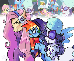 Size: 2048x1687 | Tagged: safe, artist:clarissasbakery, screencap, fluttershy, rainbow dash, rarity, earth pony, pegasus, pony, unicorn, best gift ever, g4, cap, clothes, earmuffs, eyes closed, female, hat, hearth's warming, height difference, horn, mare, open mouth, open smile, scarf, screencap reference, smiling, sunglasses, sweater, tallershy, winter outfit